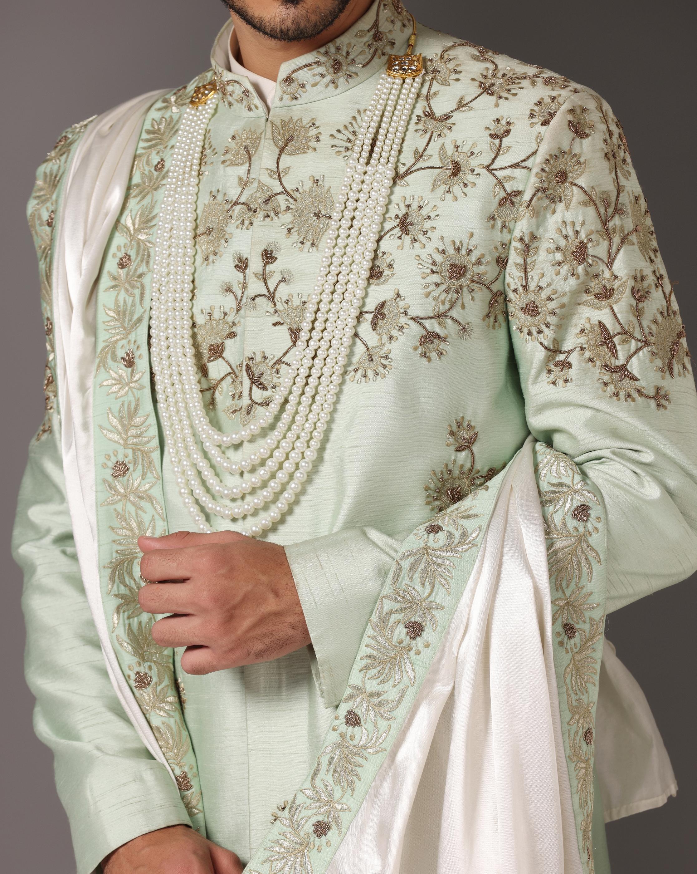 Regal Radiance: Pista Green Sherwani with Zari and Dabka Embellishments