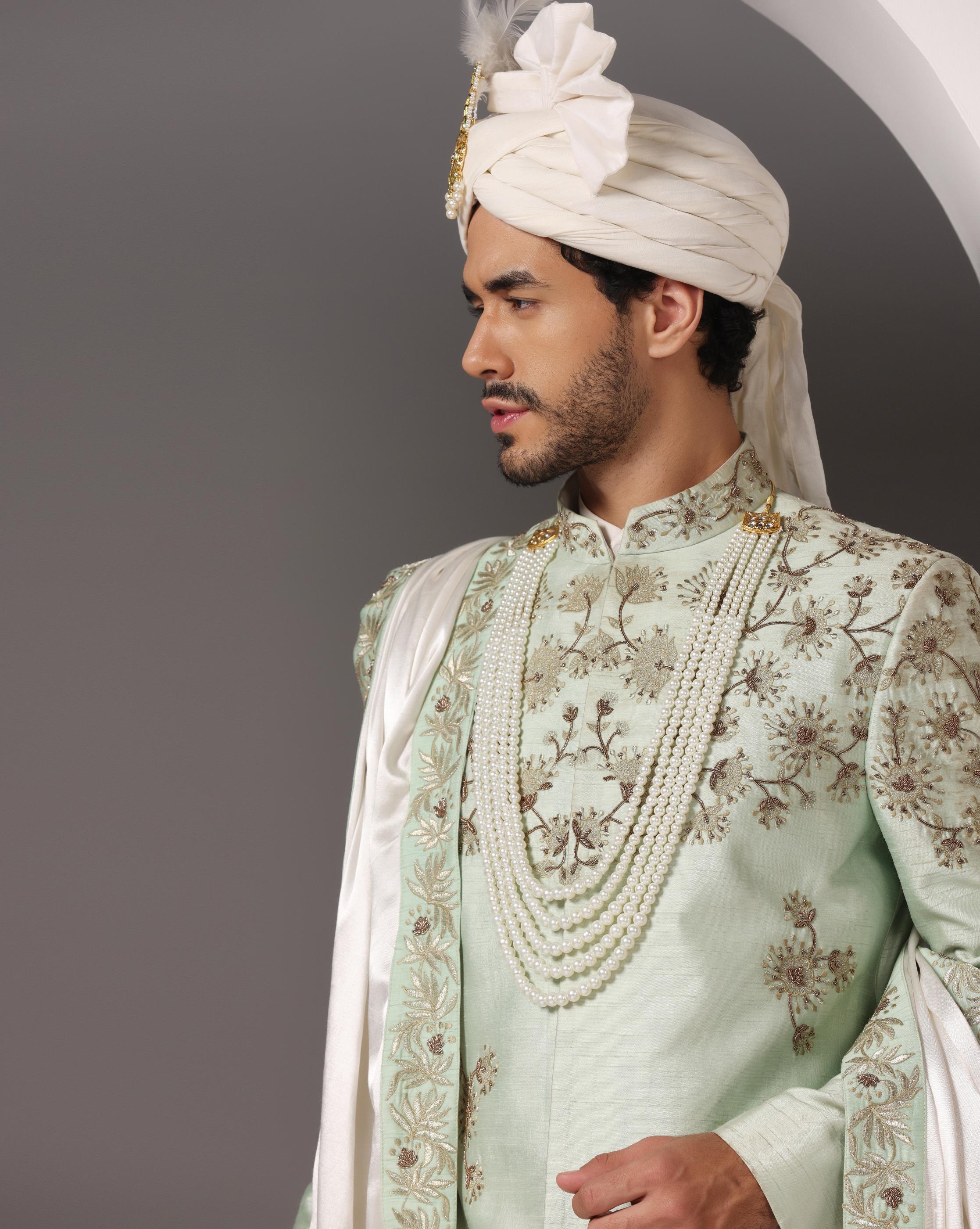 Regal Radiance: Pista Green Sherwani with Zari and Dabka Embellishments