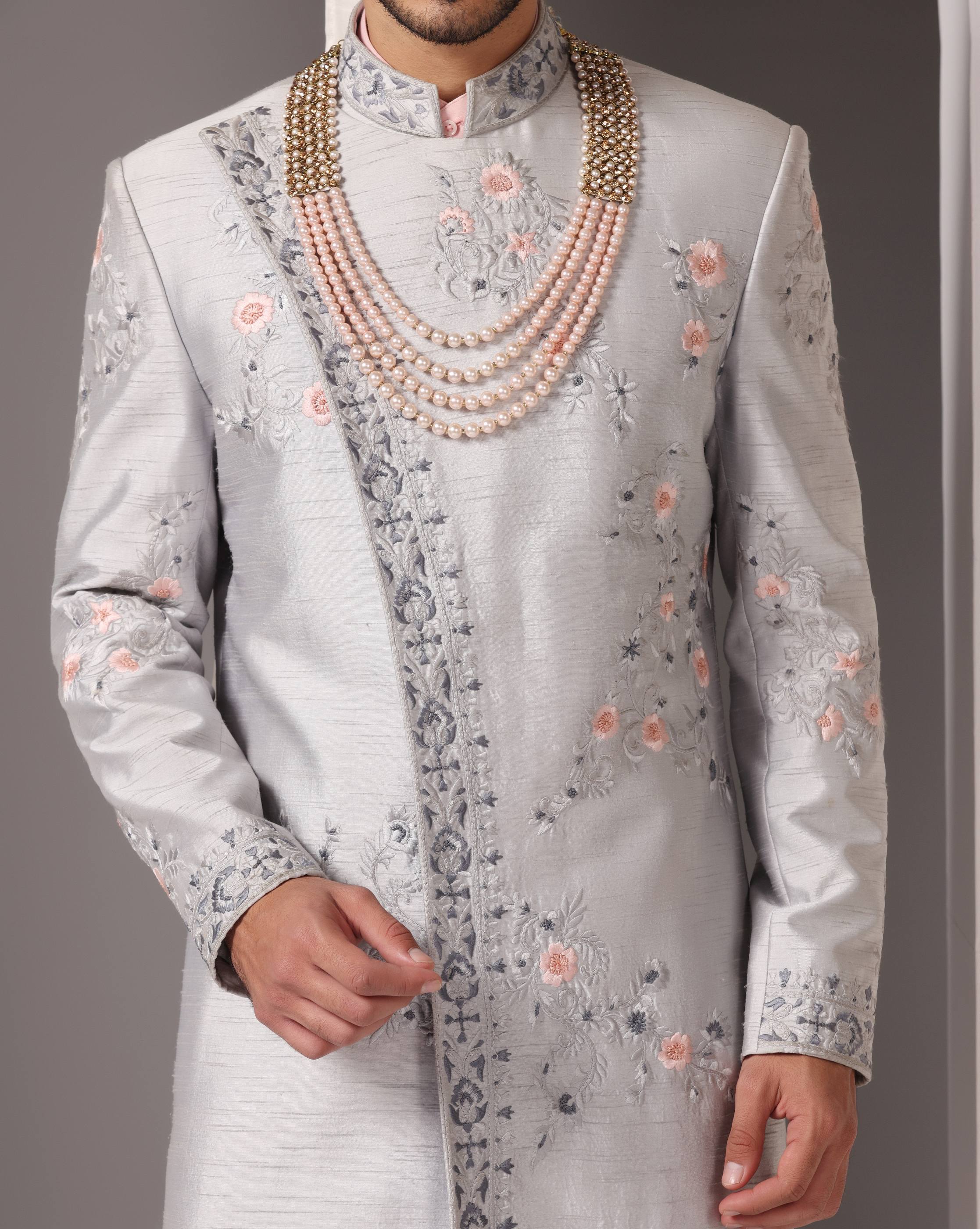 Elegant Heritage: Angrakha Style Sherwani Set in Silver Grey