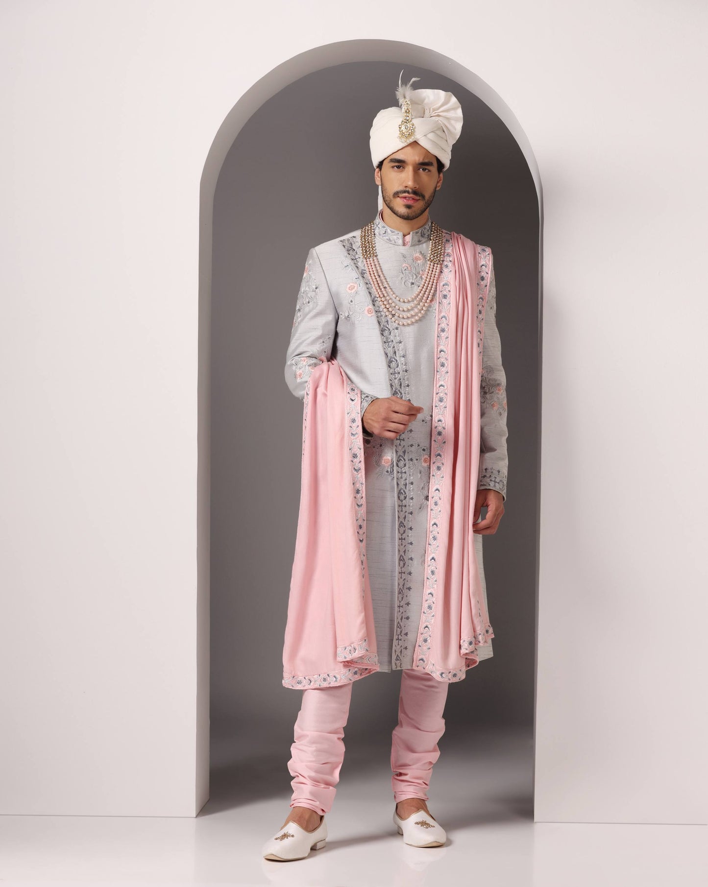 Silver grey Angrakha style sherwani set for groom | Bhavya Bhasin Couture