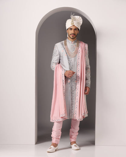 Silver grey Angrakha style sherwani set for groom | Bhavya Bhasin Couture