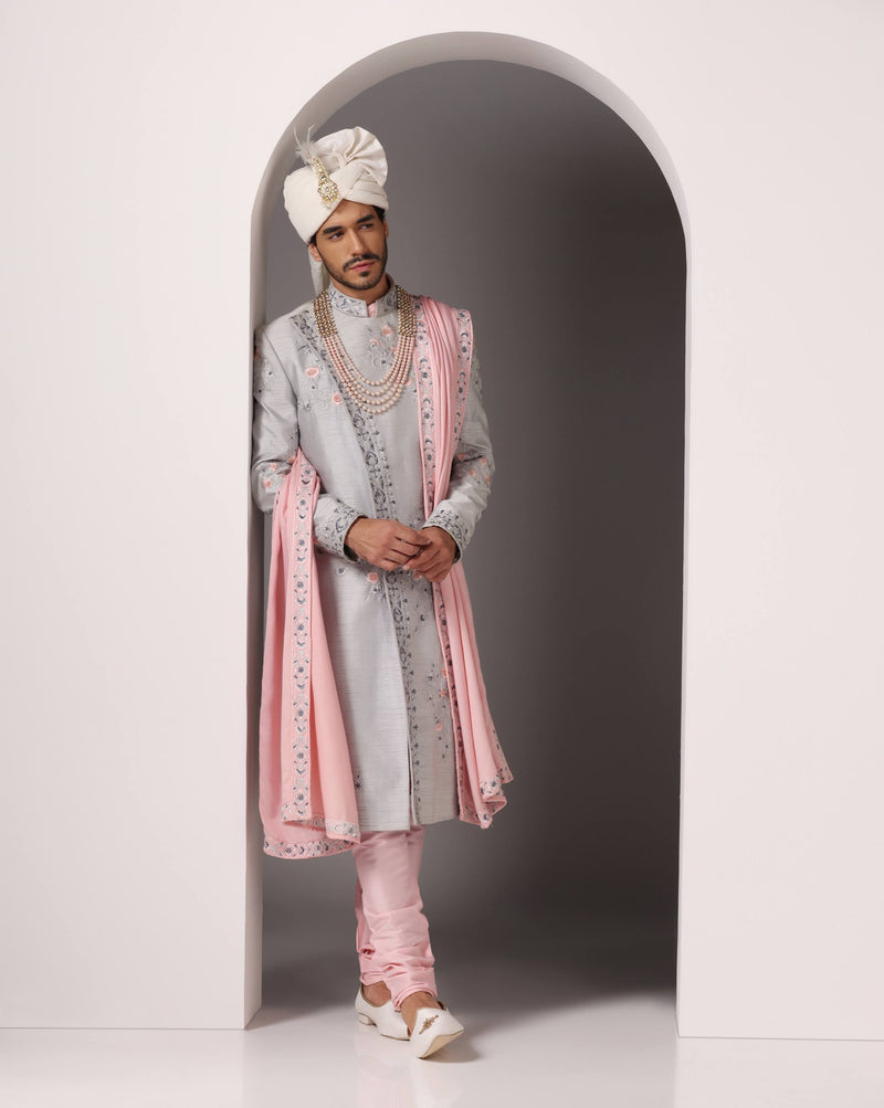 Elegant Heritage: Angrakha Style Sherwani Set in Silver Grey