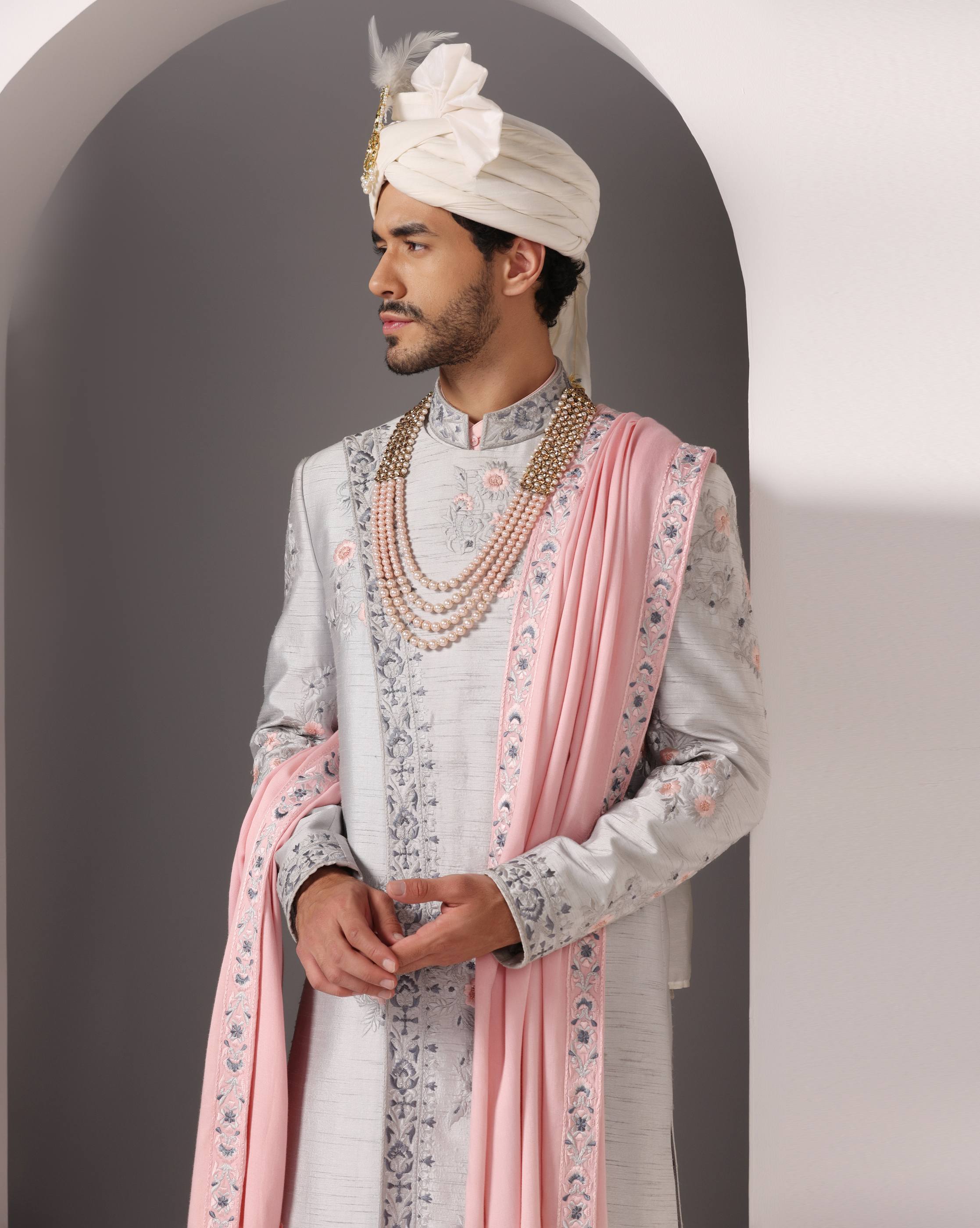 Elegant Heritage: Angrakha Style Sherwani Set in Silver Grey