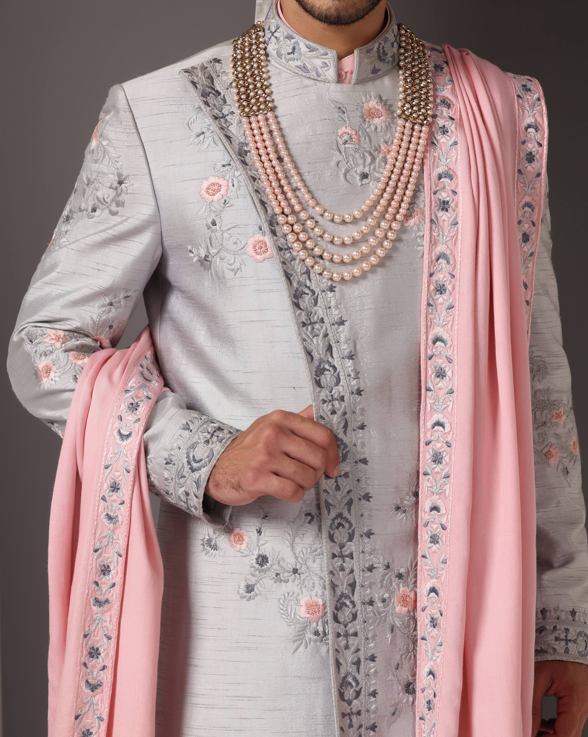 Elegant Heritage: Angrakha Style Sherwani Set in Silver Grey