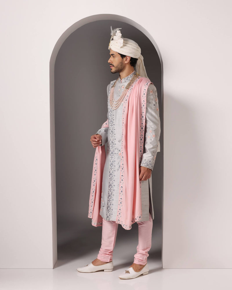 Elegant Heritage: Angrakha Style Sherwani Set in Silver Grey