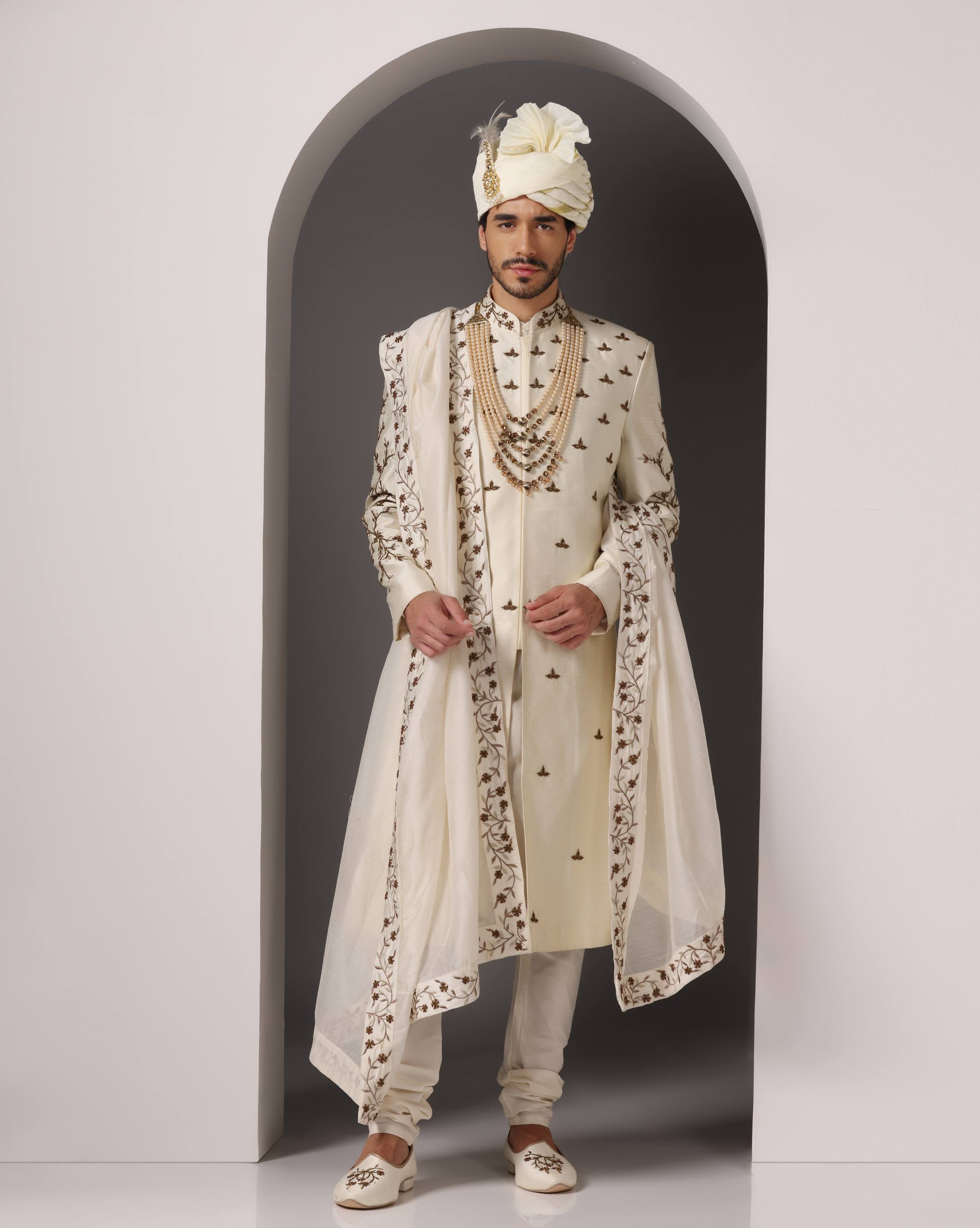 Ivory Dabka work groom sherwani set for baraat | Bhavya Bhasin Couture