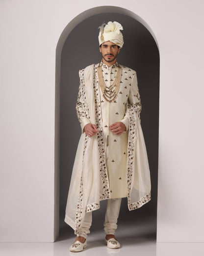 Ivory Dabka work groom sherwani set for baraat | Bhavya Bhasin Couture