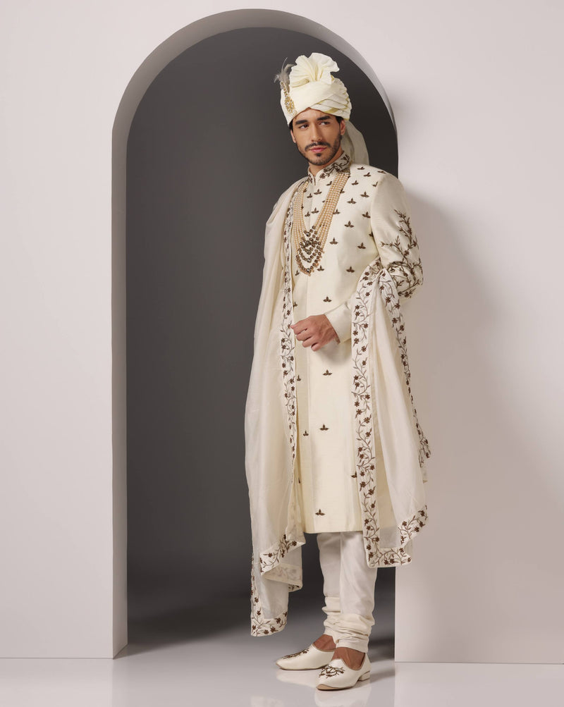 Eternal Elegance: Ivory Dabka Work Sherwani Set