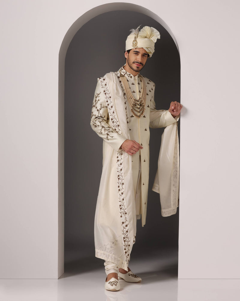 Eternal Elegance: Ivory Dabka Work Sherwani Set