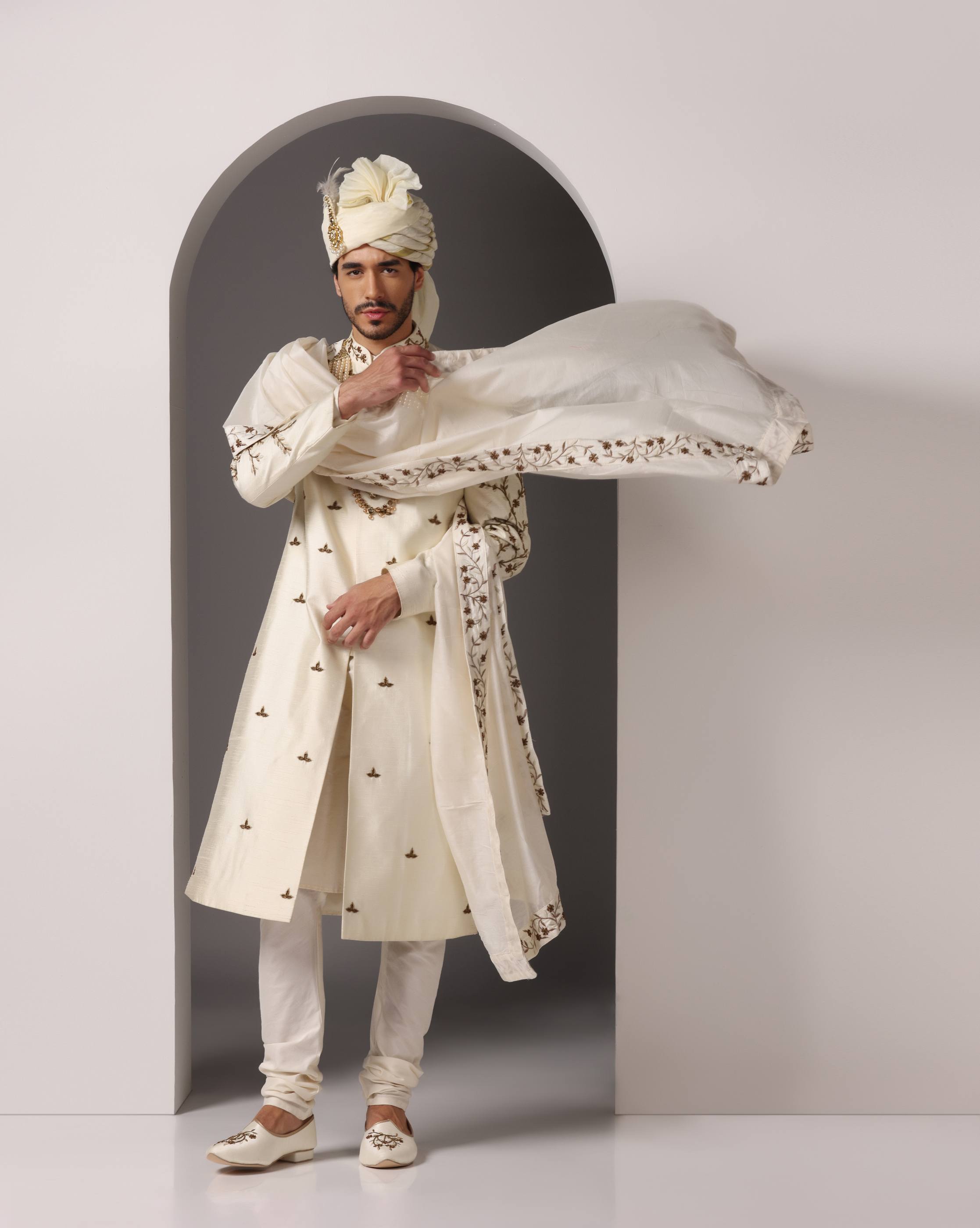 Eternal Elegance: Ivory Dabka Work Sherwani Set