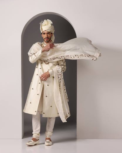 Eternal Elegance: Ivory Dabka Work Sherwani Set