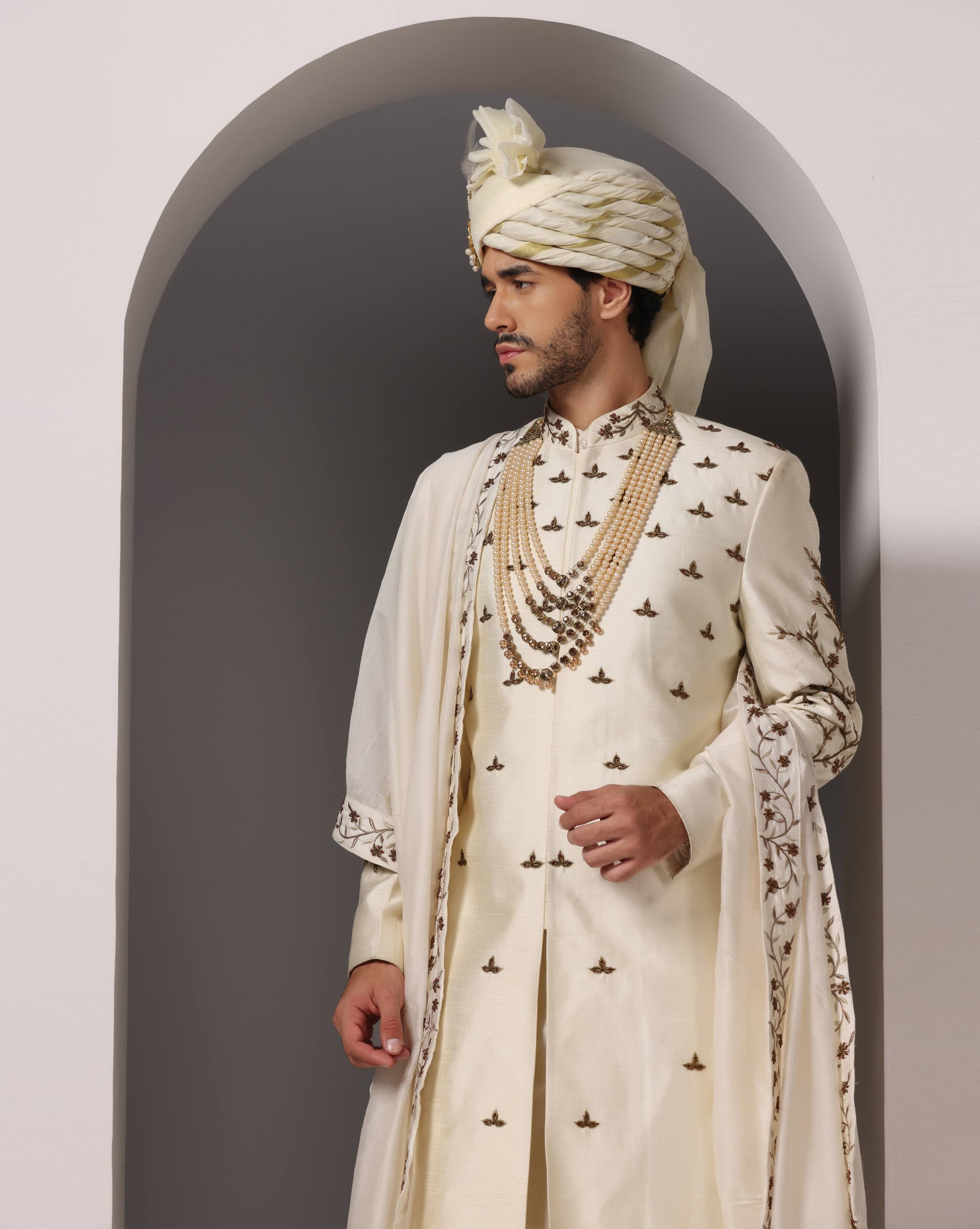 Eternal Elegance: Ivory Dabka Work Sherwani Set