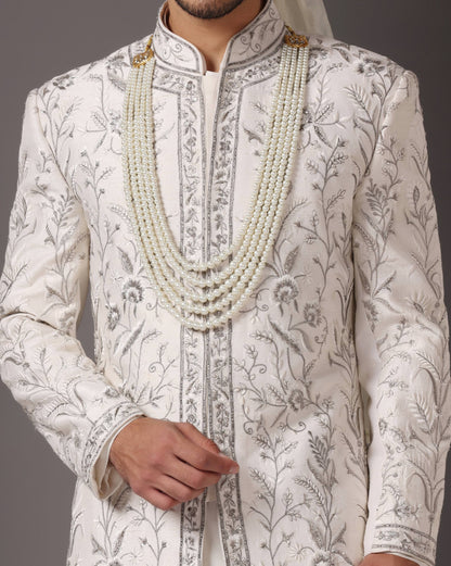 Ivory Swet Dhara embroidered sherwani side view | Bhavya Bhasin Couture