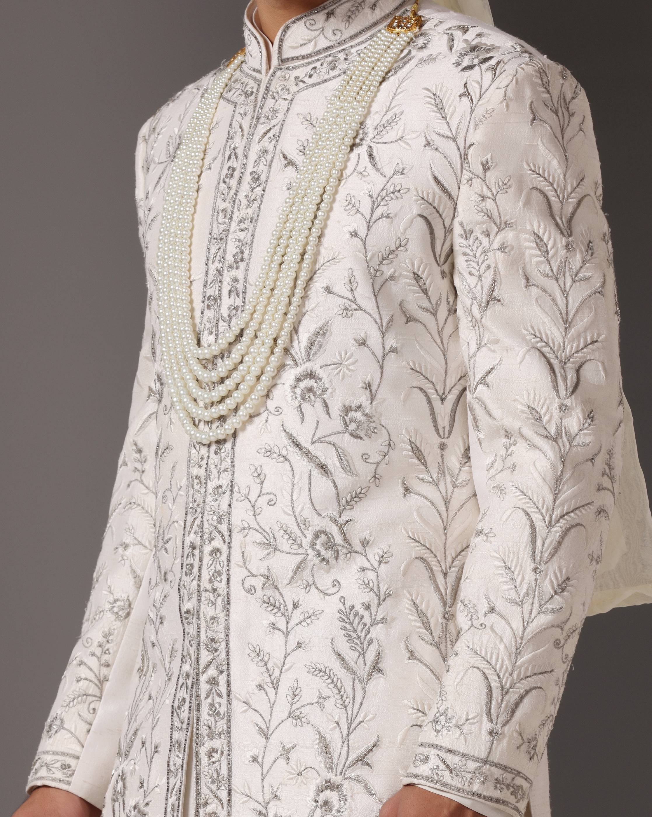 Timeless Charm: Ivory Sherwani with Hand and Machine Embroidery in Grey and White