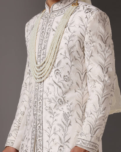 Ivory Swet Dhara sherwani front detail | Bhavya Bhasin Couture