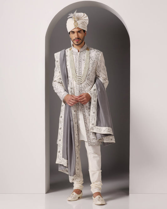 Ivory Swet Dhara hand machine embroidered sherwani | Bhavya Bhasin Couture