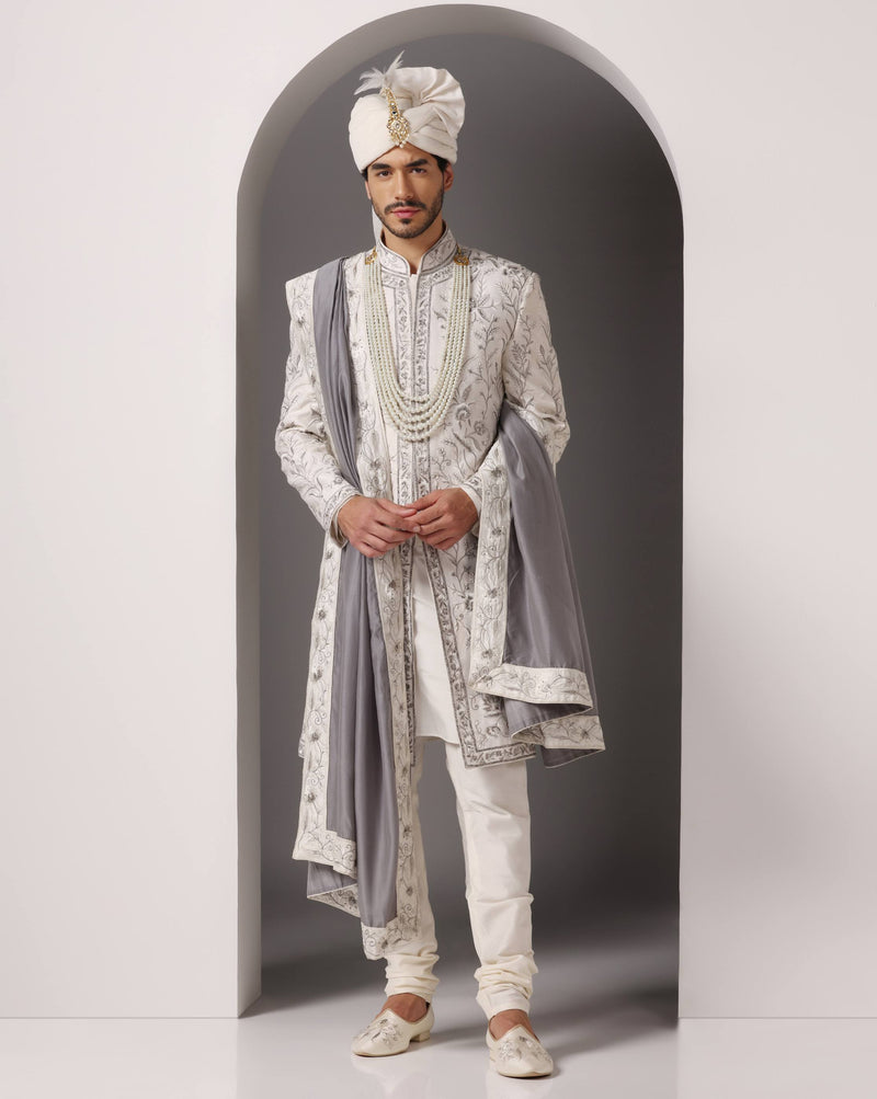 Timeless Charm: Ivory Sherwani with Hand and Machine Embroidery in Grey and White