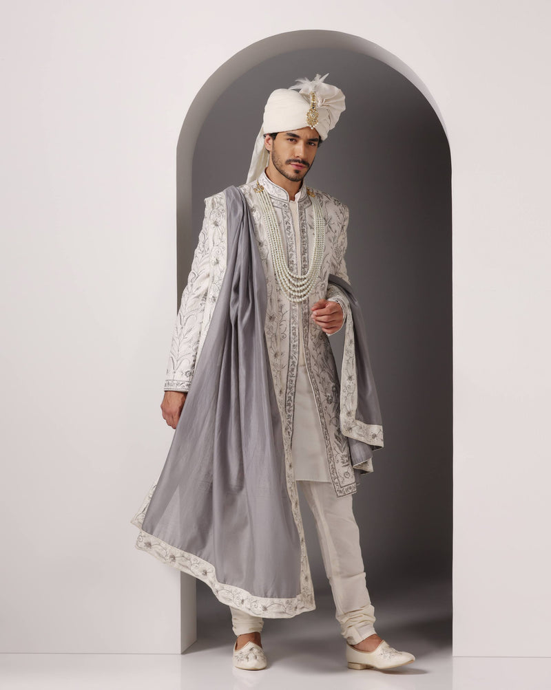 Timeless Charm: Ivory Sherwani with Hand and Machine Embroidery in Grey and White