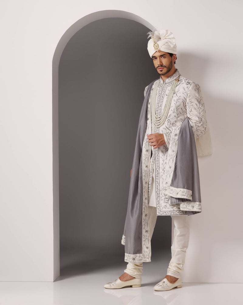 Timeless Charm: Ivory Sherwani with Hand and Machine Embroidery in Grey and White