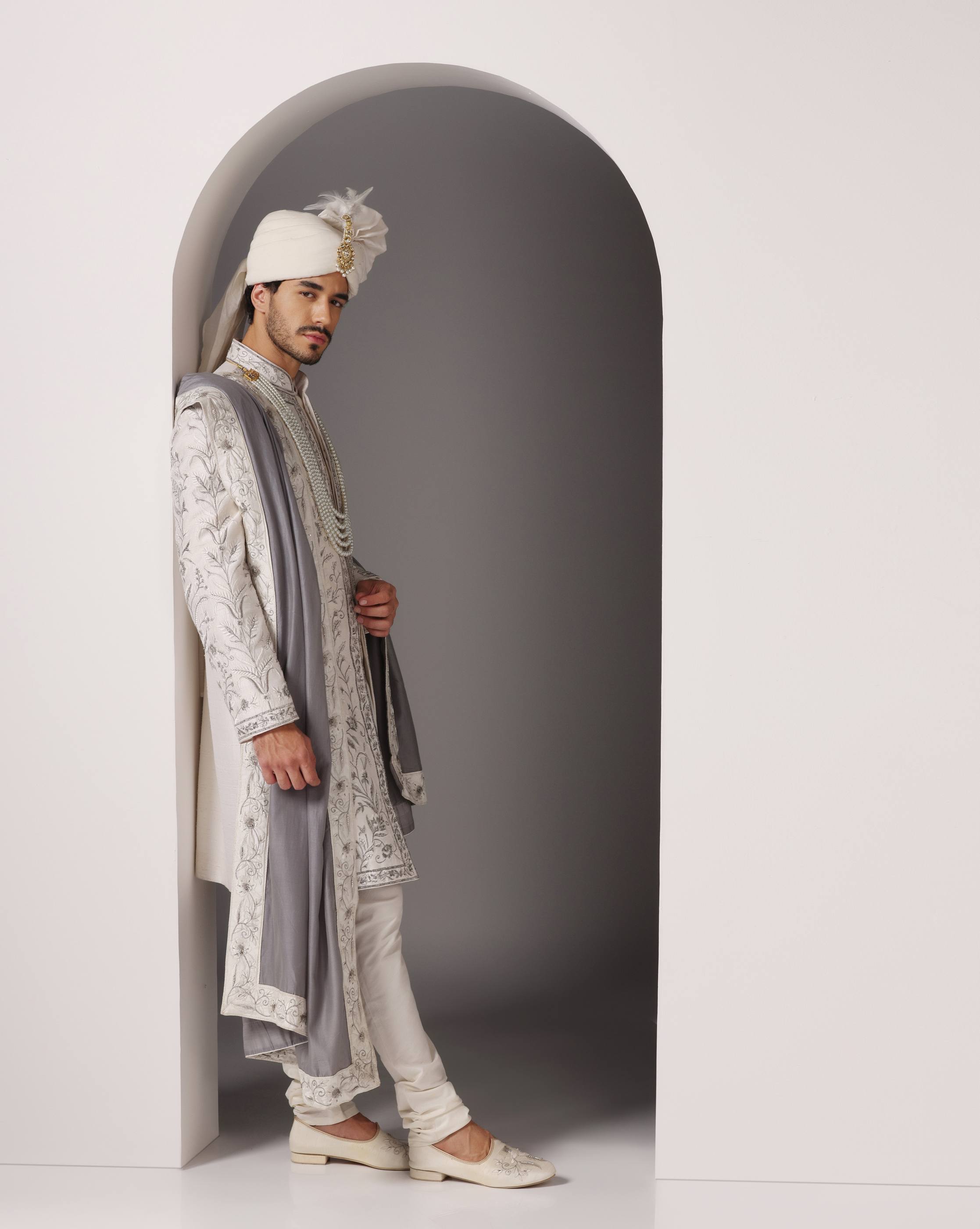 Timeless Charm: Ivory Sherwani with Hand and Machine Embroidery in Grey and White