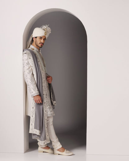 Ivory embroidered sherwani full-length view | Bhavya Bhasin Couture