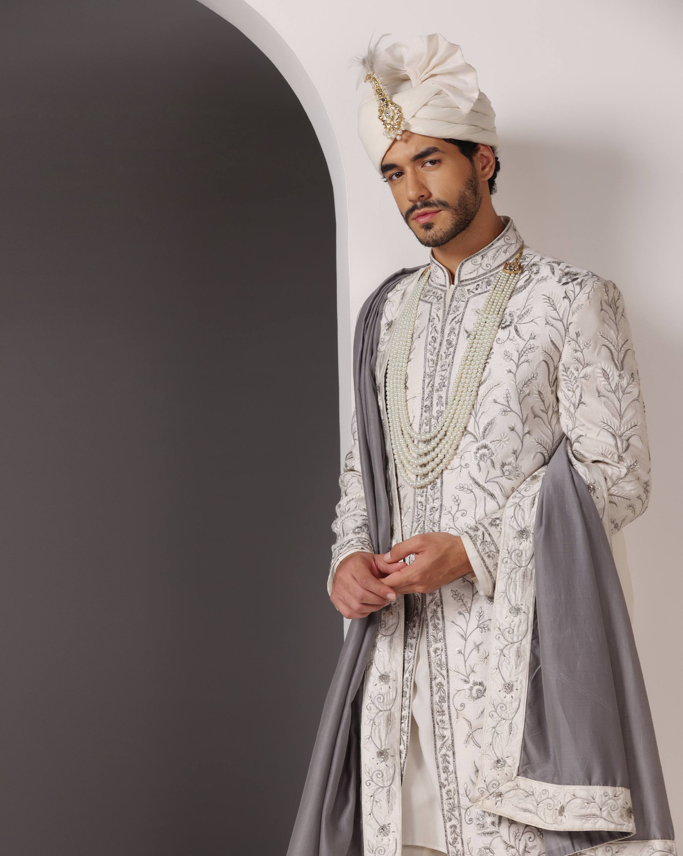 Timeless Charm: Ivory Sherwani with Hand and Machine Embroidery in Grey and White