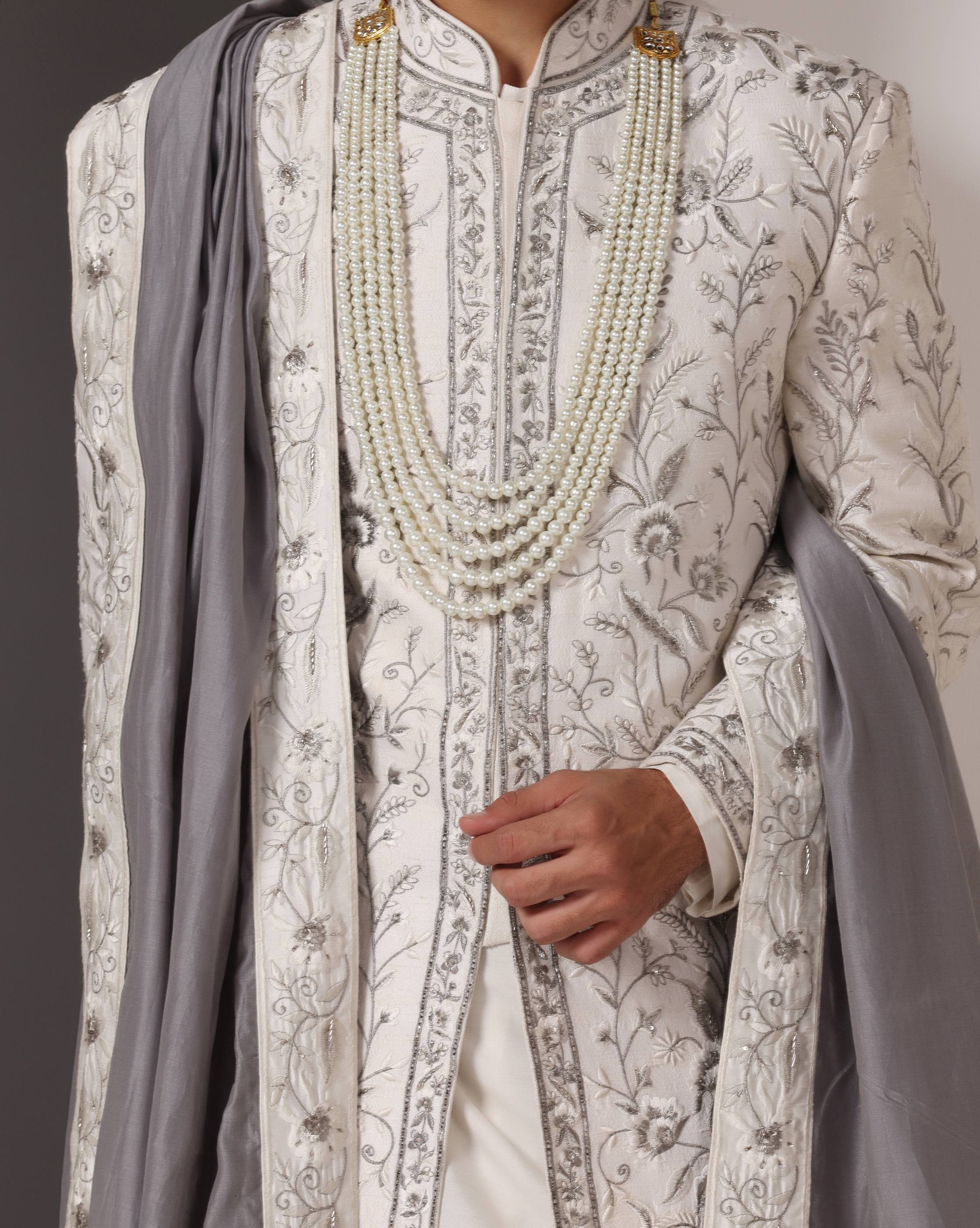 Timeless Charm: Ivory Sherwani with Hand and Machine Embroidery in Grey and White