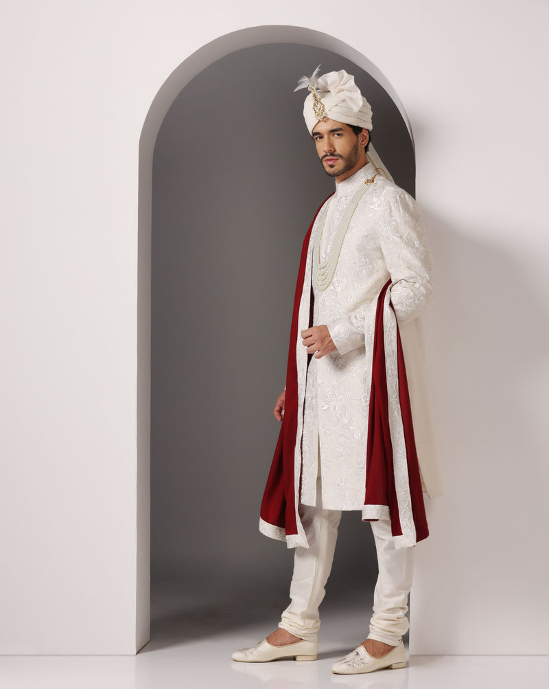 Ivory Grandeur: Sherwani with Subtle Tone-on-Tone Work and Handcrafted Embellishments