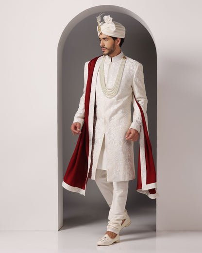 Ivory grandeur tone-on-tone handcrafted sherwani | Bhavya Bhasin Couture