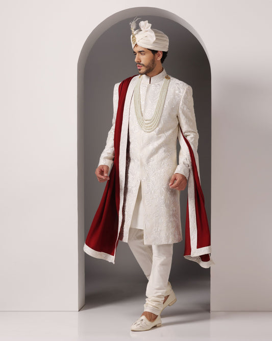 Ivory grandeur tone-on-tone handcrafted sherwani | Bhavya Bhasin Couture