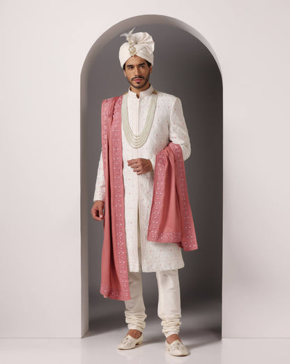 Ivory all-over thread embroidery sherwani set for groom | Bhavya Bhasin Couture