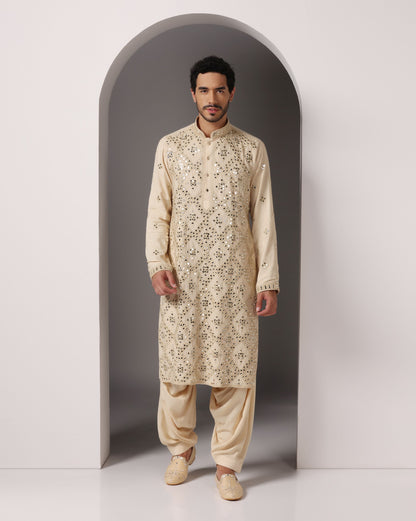 Natural colour heavy mirror kurta salwar Indian festive | Bhavya Bhasin Couture