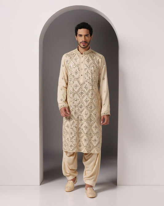 Natural colour heavy mirror kurta salwar Indian festive | Bhavya Bhasin Couture
