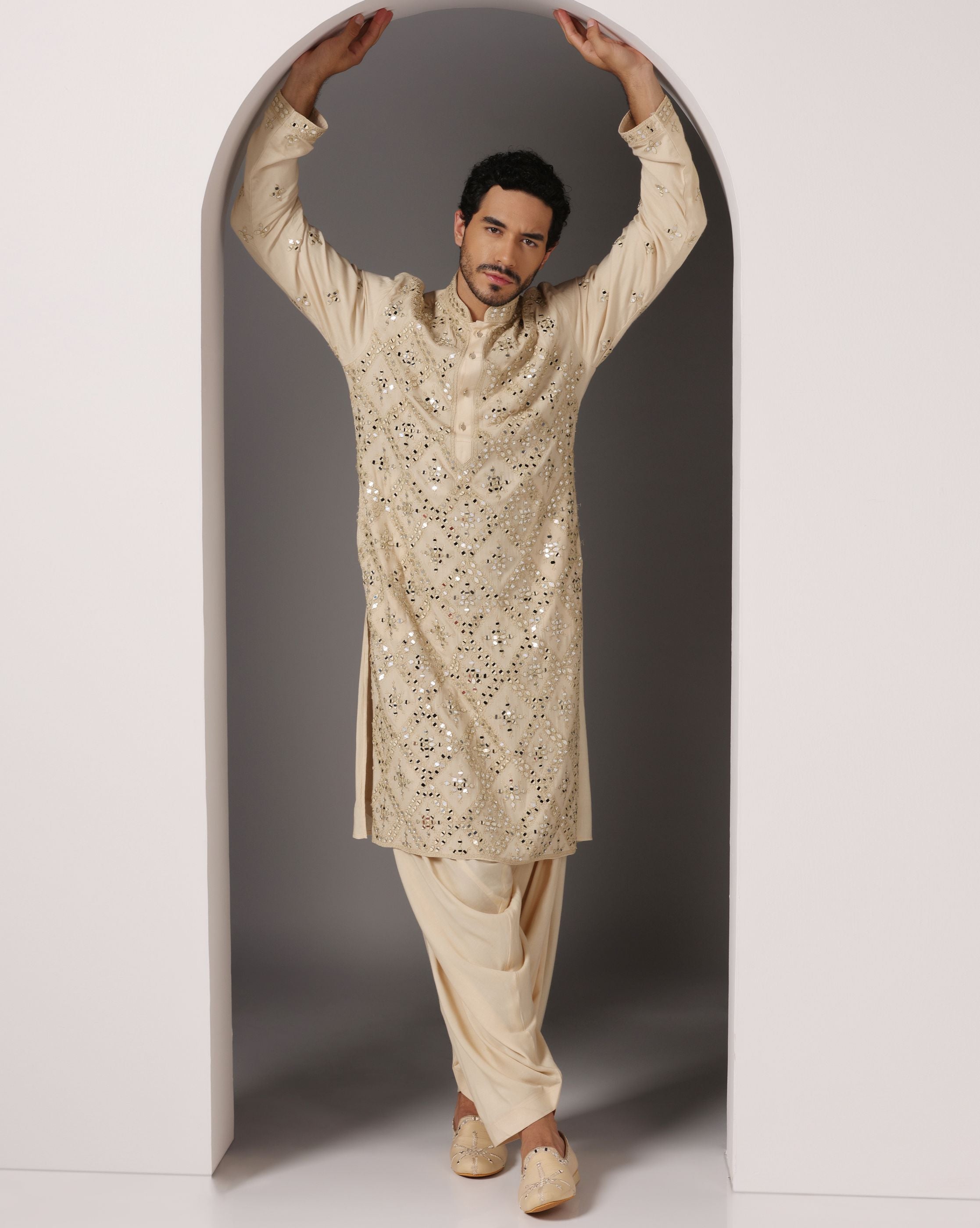 Reflective Elegance: Natural Color Heavy Mirror Kurta and Salwar