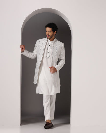 Ivory poly wool open Indo-Western mirror Zari embroidery | Bhavya Bhasin Couture