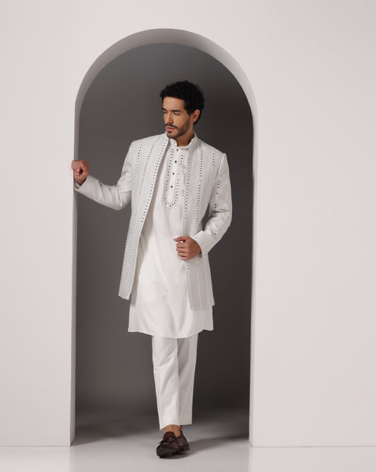Ivory poly wool open Indo-Western mirror Zari embroidery | Bhavya Bhasin Couture