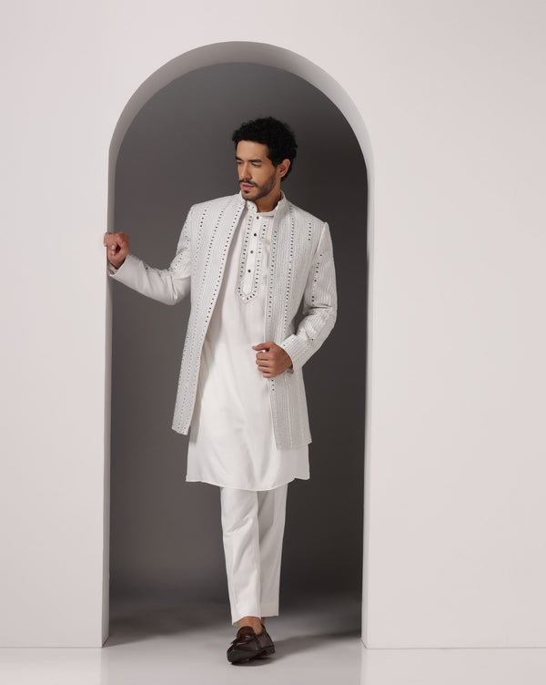 Ivory Elegance: Poly Wool Open Indo-Western with Mirror and Zari Embroidery