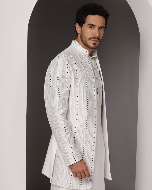 Ivory Elegance: Poly Wool Open Indo-Western with Mirror and Zari Embroidery