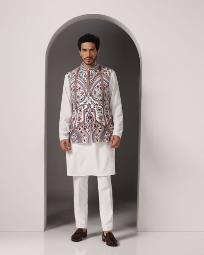 Ivory crepe Nehru jacket with machine embroidery | Bhavya Bhasin Couture
