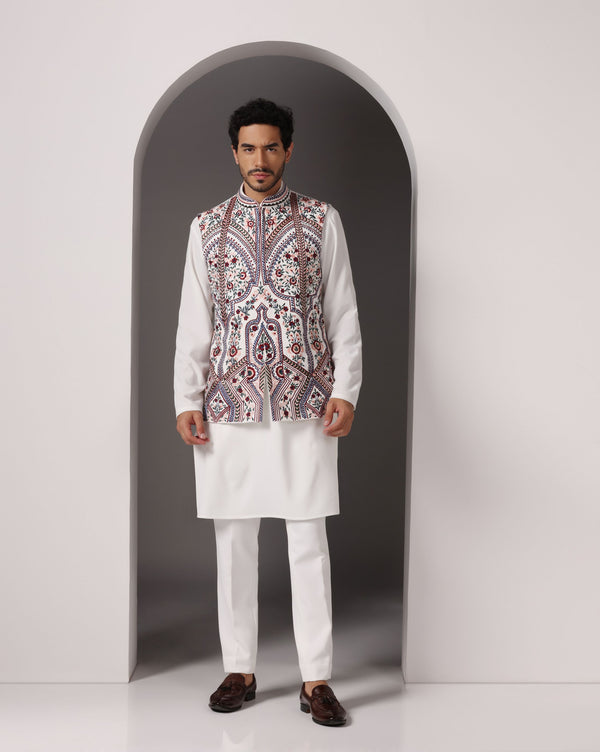 Ivory Crepe Nehru Jacket with Machine Embroidery