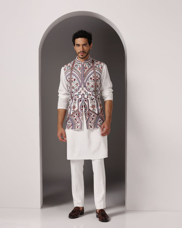 Ivory Crepe Nehru Jacket with Machine Embroidery