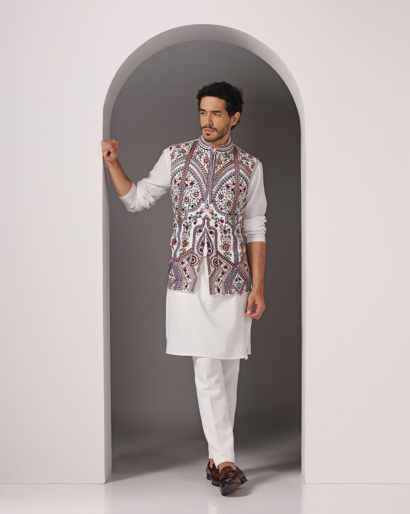 Ivory Crepe Nehru Jacket with Machine Embroidery