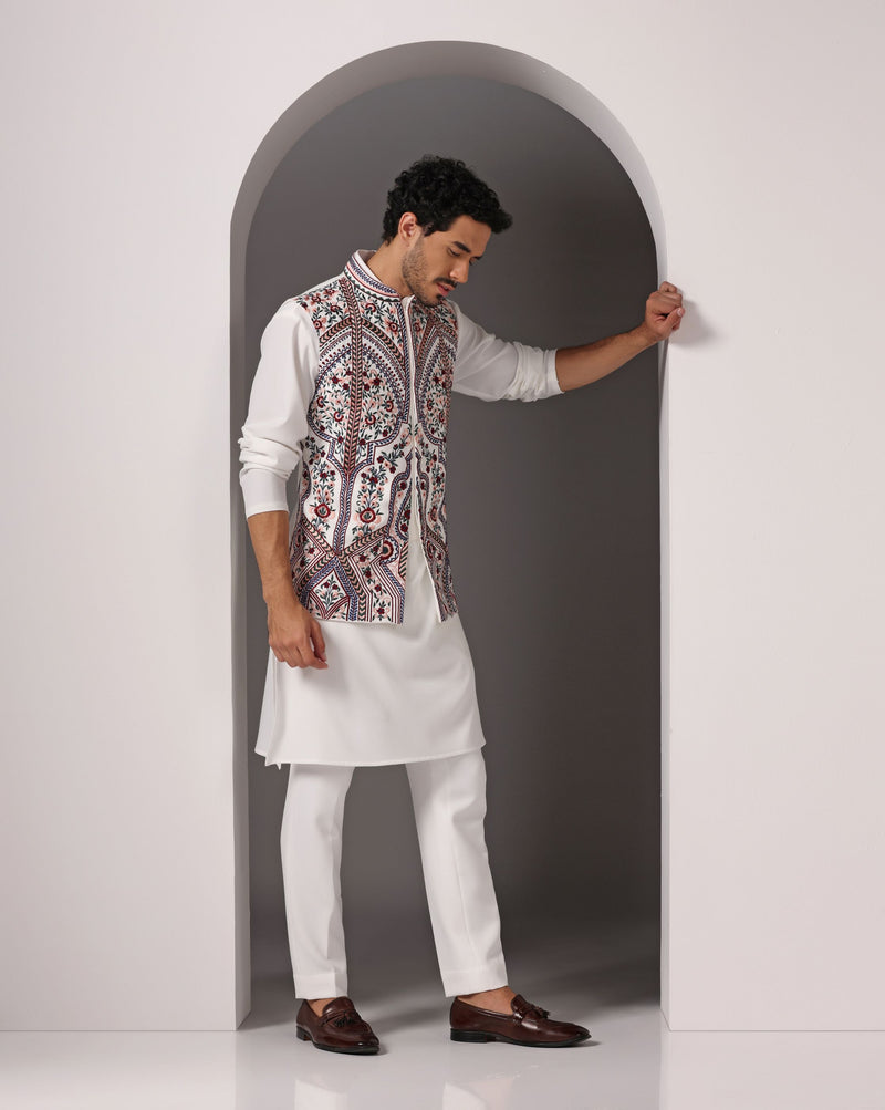 Ivory Crepe Nehru Jacket with Machine Embroidery