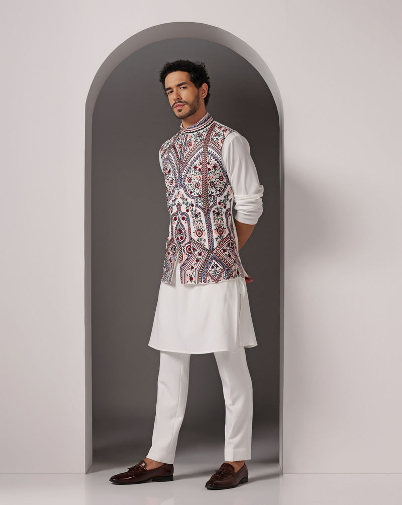 Ivory Crepe Nehru Jacket with Machine Embroidery