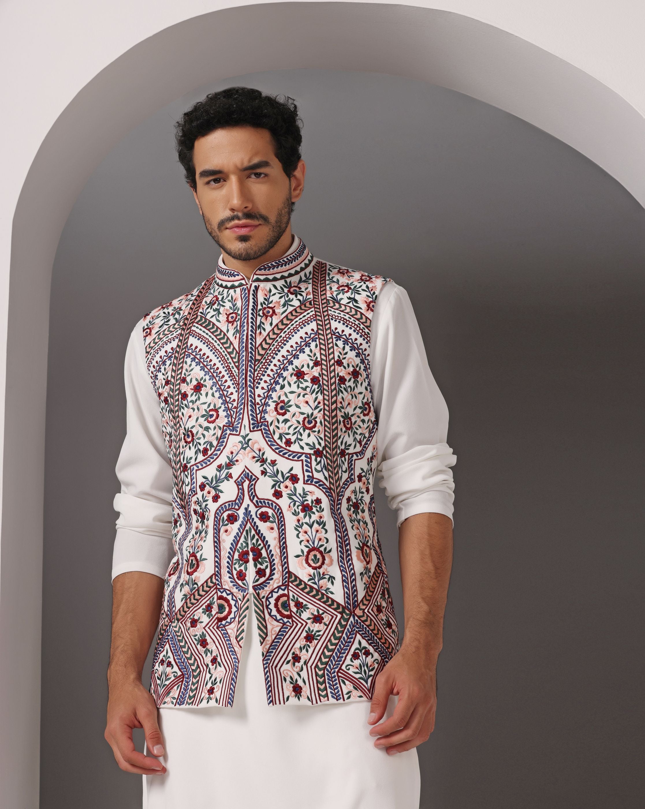 Ivory Crepe Nehru Jacket with Machine Embroidery