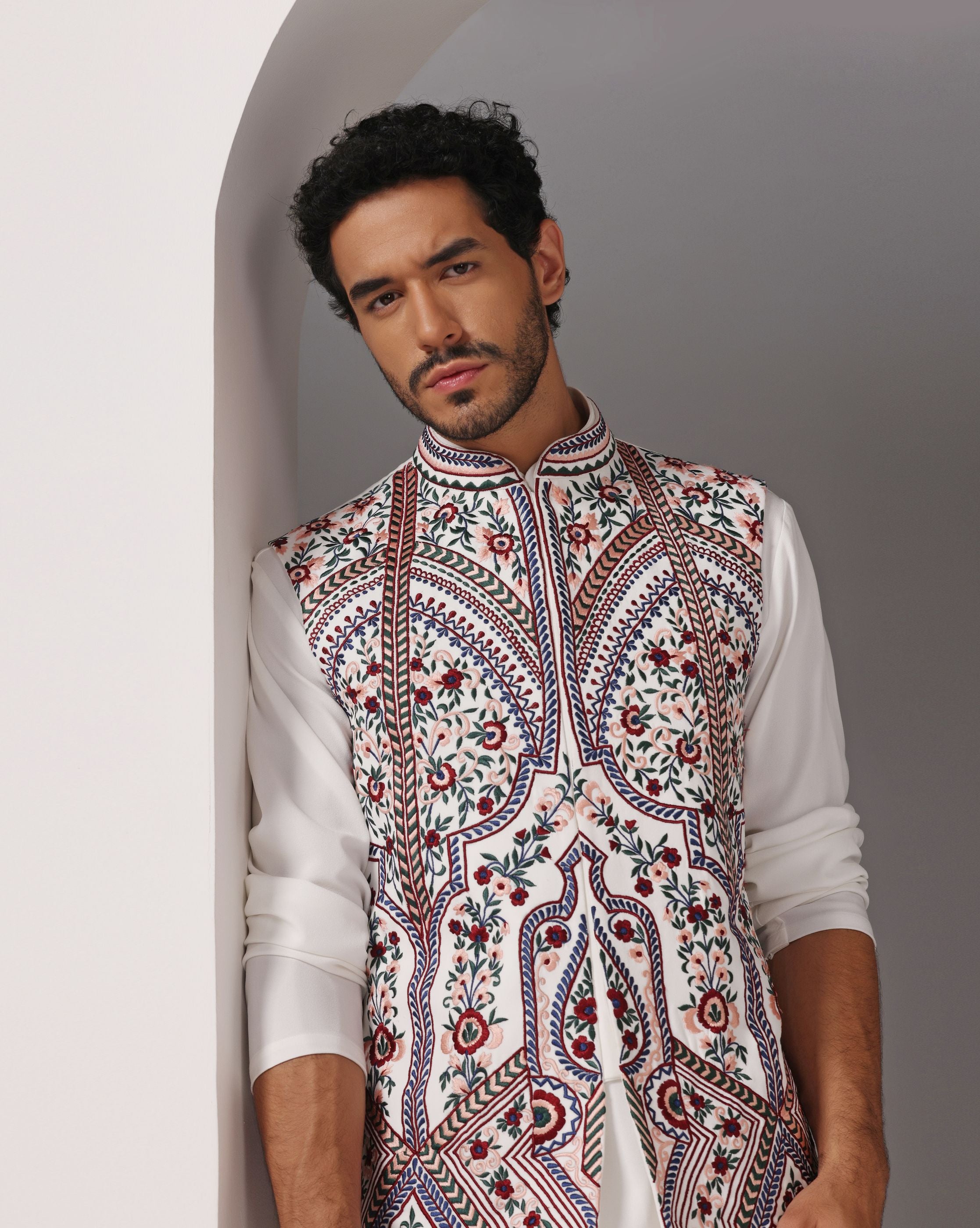 Ivory Crepe Nehru Jacket with Machine Embroidery