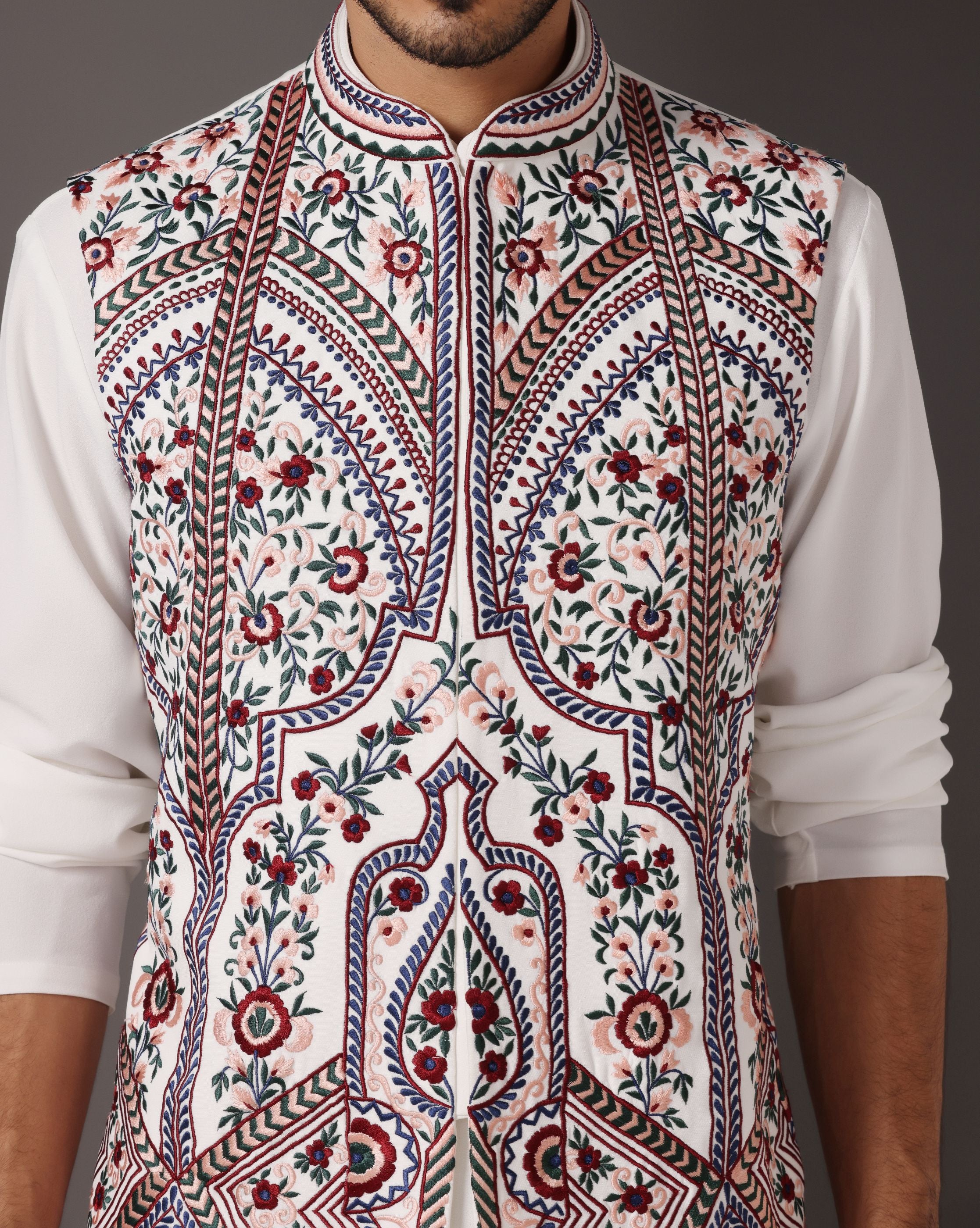 Ivory Crepe Nehru Jacket with Machine Embroidery