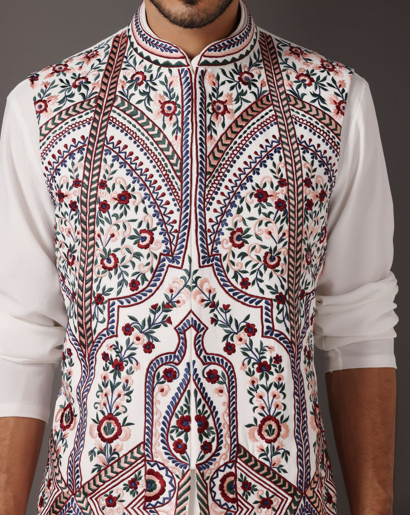 Ivory Crepe Nehru Jacket with Machine Embroidery