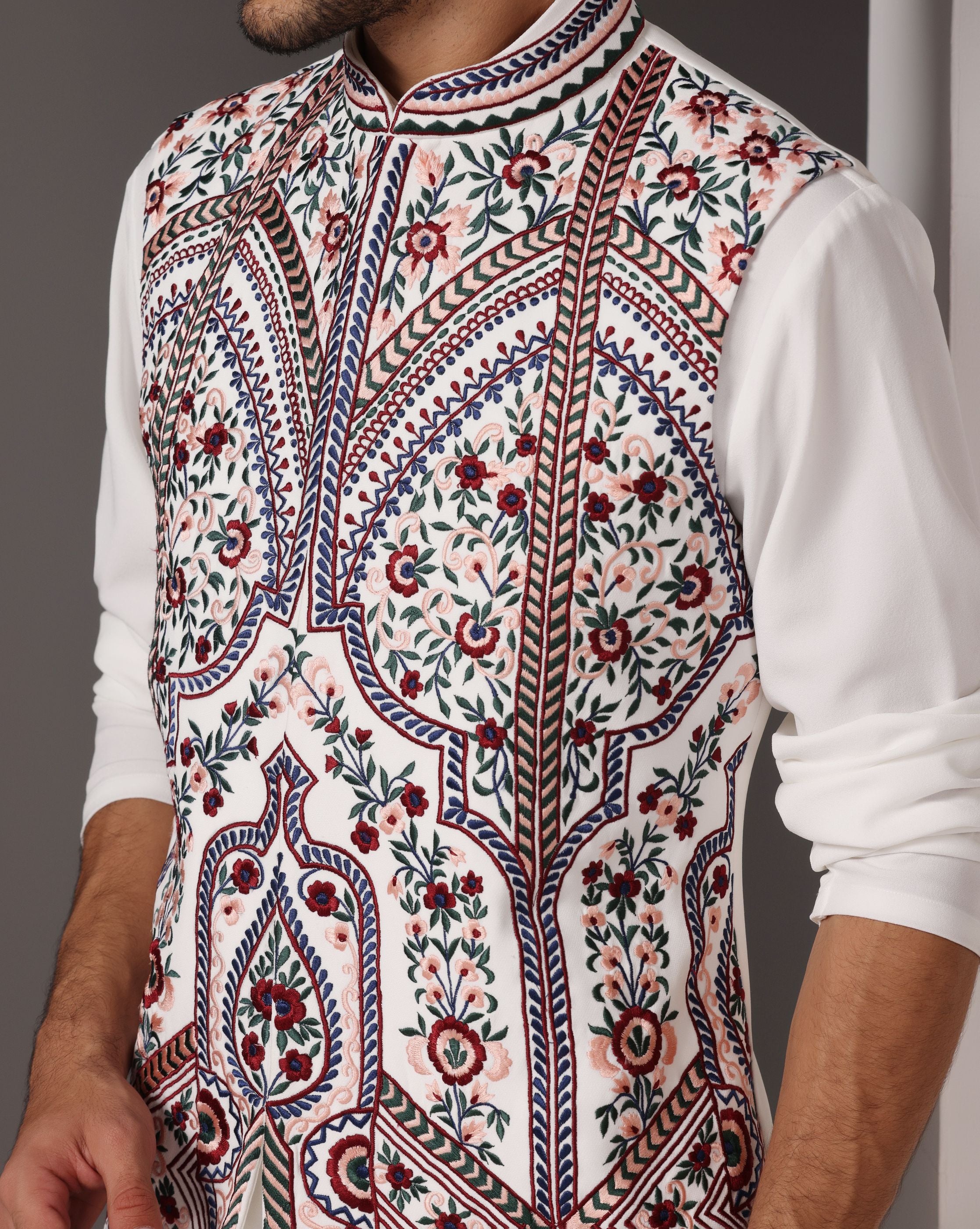 Ivory Crepe Nehru Jacket with Machine Embroidery