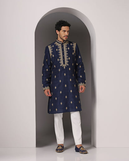 Royal blue hand-embroidered raw silk kurta | Bhavya Bhasin Couture